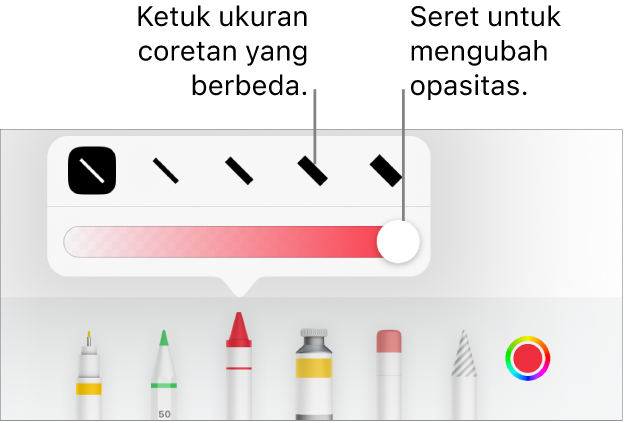 Kontrol untuk memilih ukuran coretan dan penggeser untuk menyesuaikan opasitas.