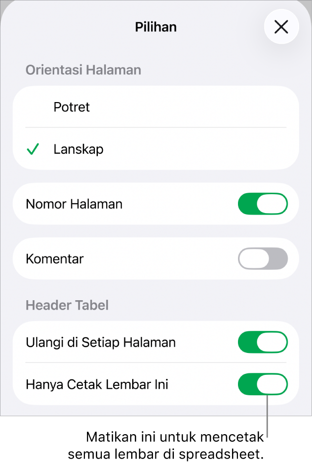 Pilihan pencetakan untuk memilih orientasi halaman, menunjukkan nomor halaman dan header, dan memilih ukuran kertas dan halaman yang akan dicetak.