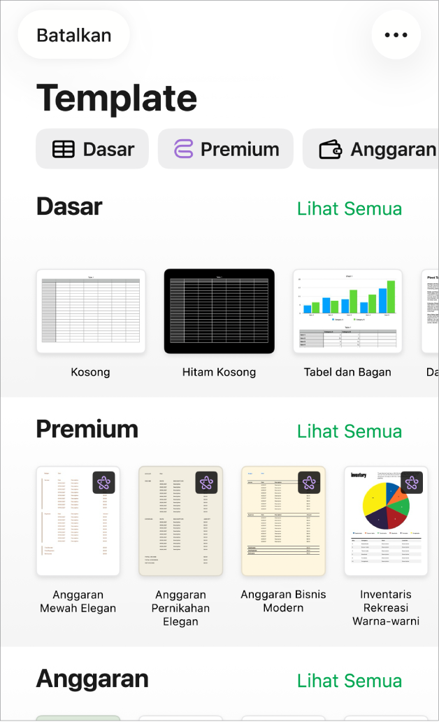 Pemilih template, menampilkan baris kategori di sepanjang bagian atas yang dapat Anda ketuk untuk memfilter pilihan. Di bawah terdapat gambar mini template yang dirancang sebelumnya yang diatur dalam baris menurut kategori.