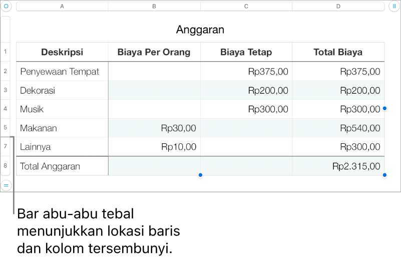 Bar abu-abu tebal menampilkan lokasi baris dan kolom tersembunyi