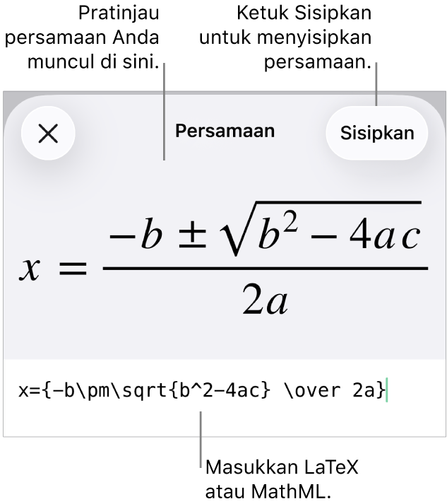 Dialog Persamaan, menampilkan sebuah persamaan ditulis menggunakan perintah MathML, dan pratinjau formula di atas.