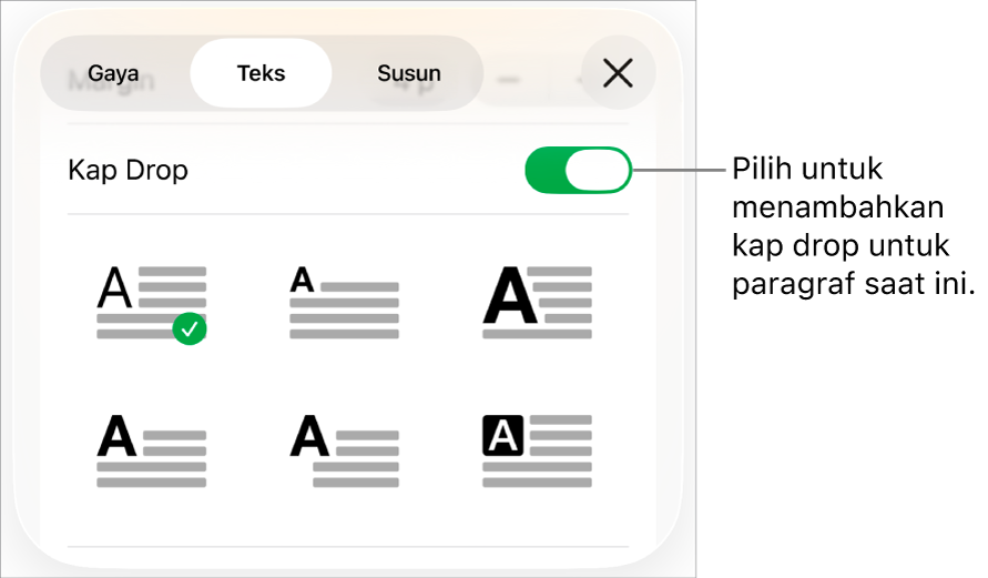 Kontrol Kap Drop terletak di menu Teks.