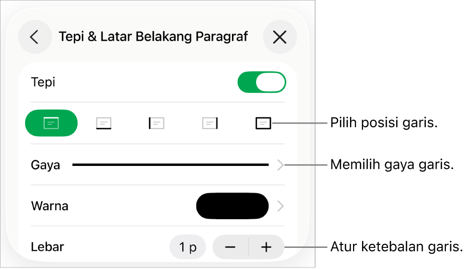 Kontrol untuk mengubah gaya, ketebalan, posisi, dan warna garis.