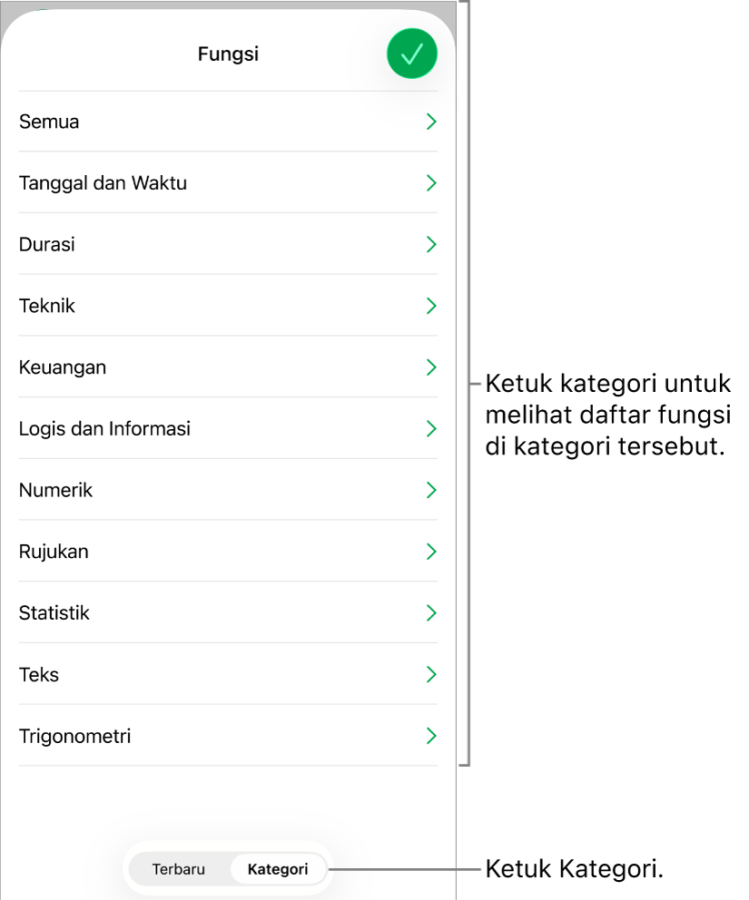 Browser Fungsi dengan tombol Kategori dipilih dan daftar kategori di bawah.