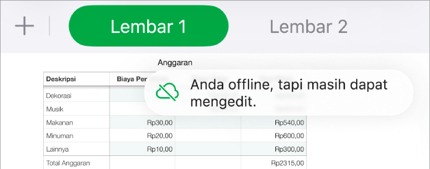 Tombol di bagian atas layar, dengan tombol Kolaborasikan berubah menjadi awan dengan garis diagonal melaluinya. Peringatan di layar bertuliskan “Anda offline tapi masih dapat mengedit”.