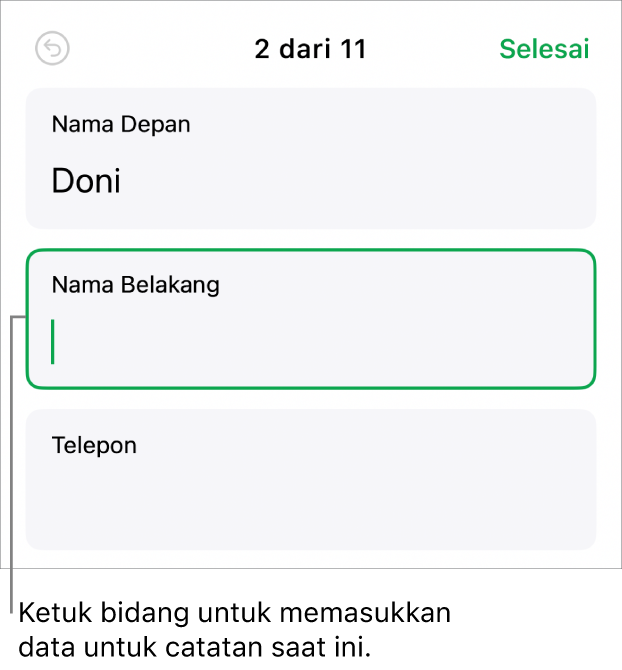 Catatan di formulir menampilkan bidang aktif dengan titik penyisipan.