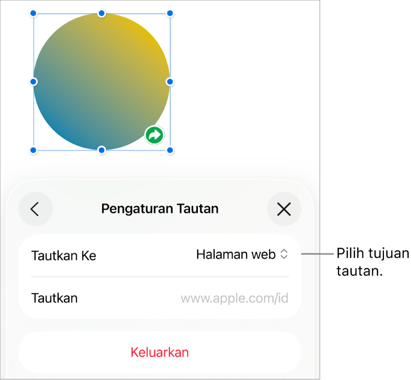 Kontrol Pengaturan Tautan dengan Halaman Web dipilih, dan tombol Hapus di bagian bawah.