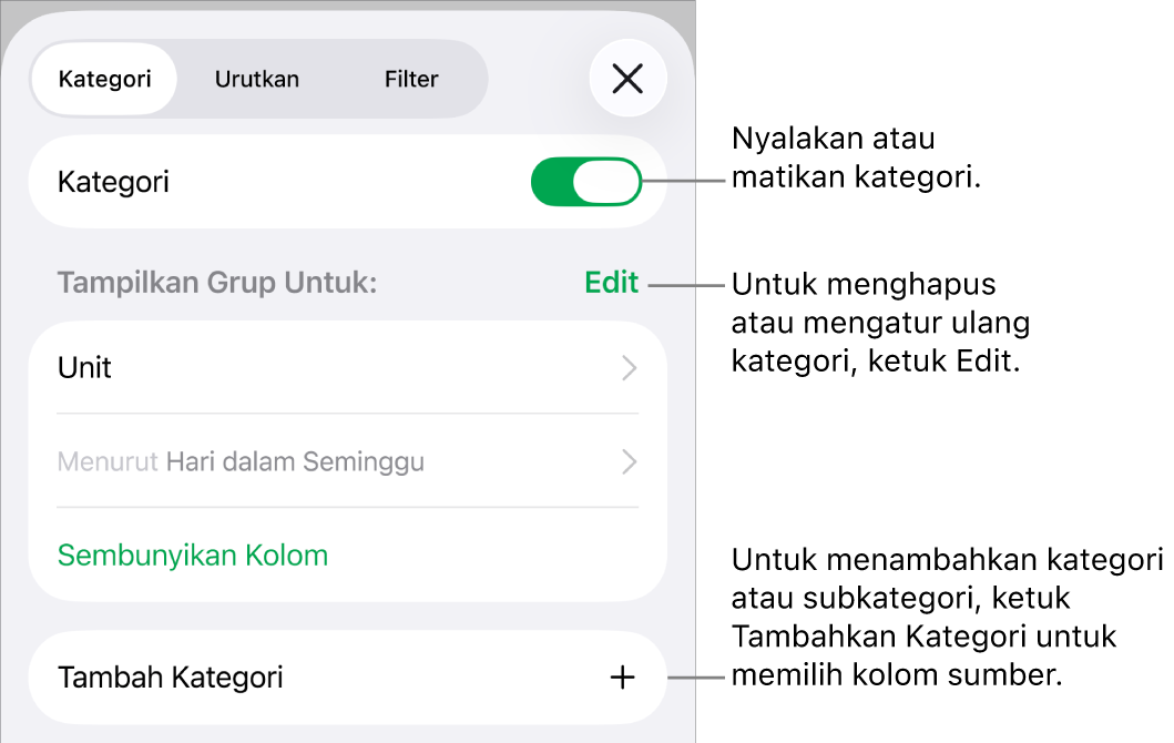 Menu Kategori untuk iPhone dengan pilihan untuk mematikan kategori, menghapus kategori, mengelompokkan ulang data, menyembunyikan kolom sumber, dan menambah kategori.
