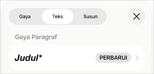Gaya paragraf dengan asterisk di sampingnya dan tombol Perbarui di sebelah kanan.