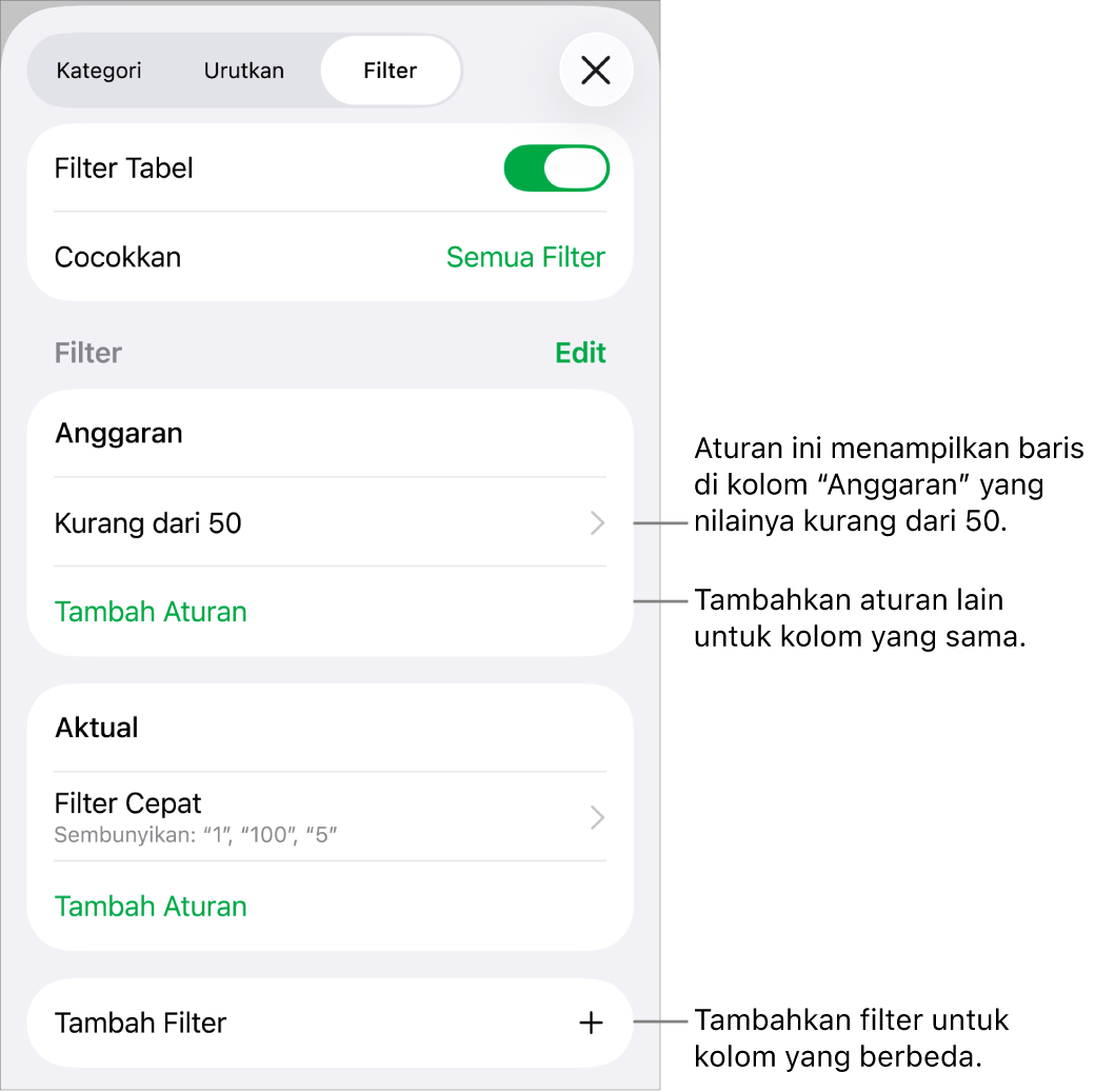 Kontrol untuk menambahkan aturan pemfilteran baru atau mengedit aturan yang ada.