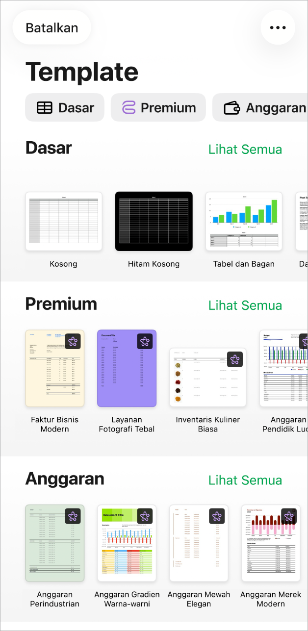 Pemilih template, menampilkan baris kategori di sepanjang bagian atas yang dapat Anda ketuk untuk memfilter pilihan. Di bawah ini adalah gambar mini template yang dirancang sebelumnya yang diatur menurut kategori, dimulai dengan Dasar di bagian atas dan diikuti oleh Keuangan Pribadi, Pribadi, dan Bisnis. Tombol Lihat Semua muncul di atas dan di sebelah kanan setiap baris kategori. Tombol Batalkan berada di pojok kiri atas.