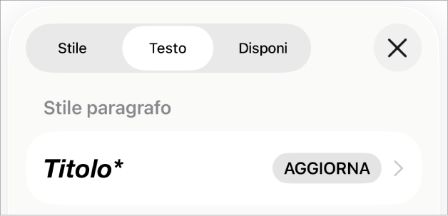 Stile paragrafo con un asterisco vicino e un pulsante Aggiorna sulla destra.