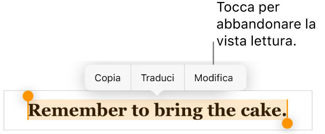 Viene selezionata una frase e al di sopra di essa si trova un menu contestuale con i pulsanti Copia e Modifica.