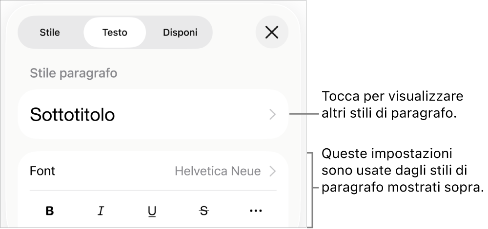 Menu Formato con controlli di testo per impostare stili carattere e paragrafo, font, dimensione e colore.