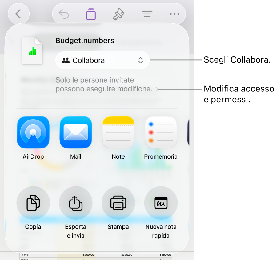Il menu di condivisone con l’opzione Collabora selezionata in alto e le impostazioni di accesso e dei permessi sotto.