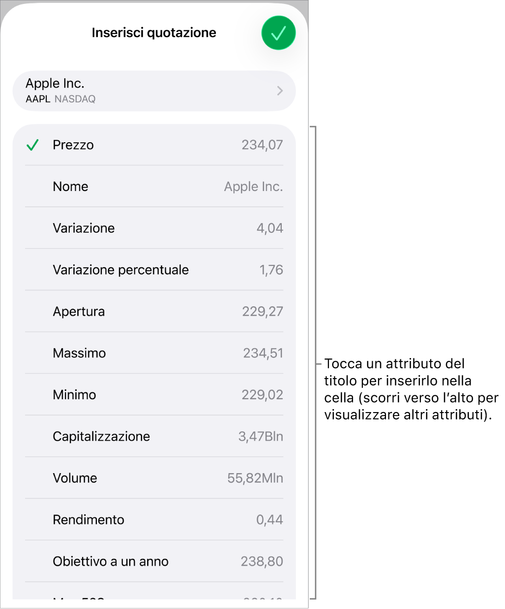 La finestra a comparsa della quotazione azionaria con il nome dell’azione in alto e, sotto, l’elenco degli attributi selezionabili tra cui prezzo, nome, variazione, variazione percentuale e apertura.