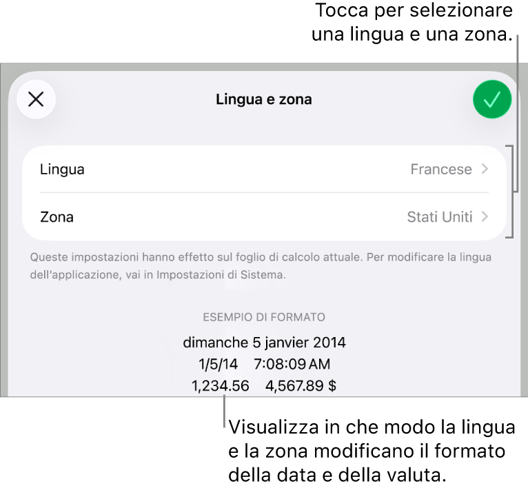 Il pannello Lingua e Zona con i controlli per lingua e zona e un esempio di formato che include data, ora, numeri decimali e valuta.
