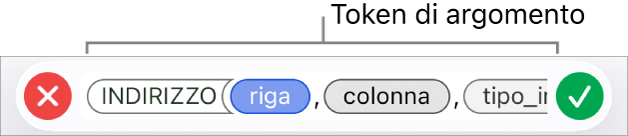 Editor di formule che mostra una funzione con blocchi di argomenti.