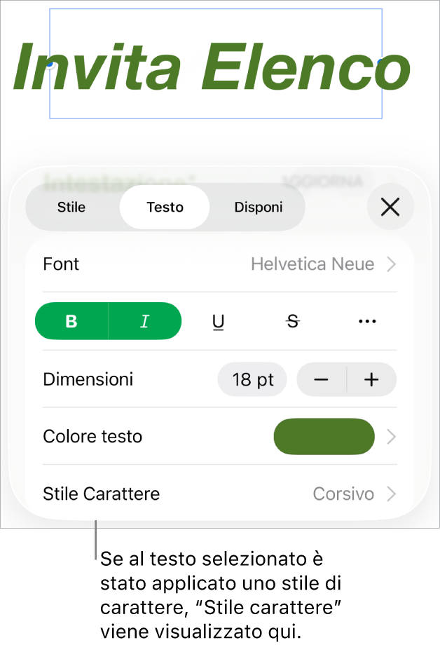 Controlli di Formato con “Stile carattere” sotto i controlli di Colore. Stile carattere Nessuno compare con un asterisco.