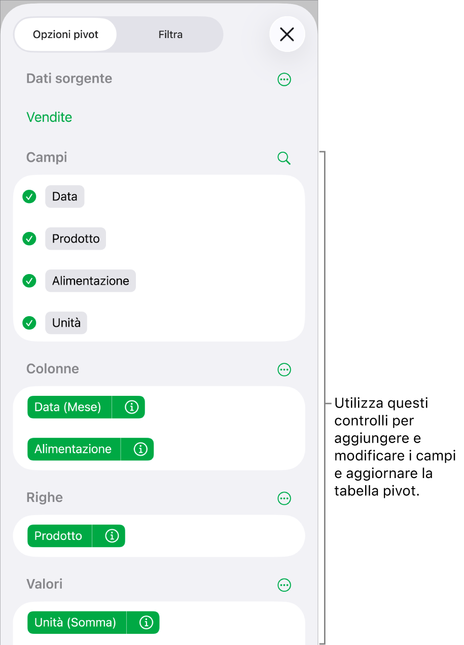 Il menu “Opzioni pivot” che mostra campi nelle sezioni Colonne, Righe e Valori, nonché i controlli per modificare i campi.