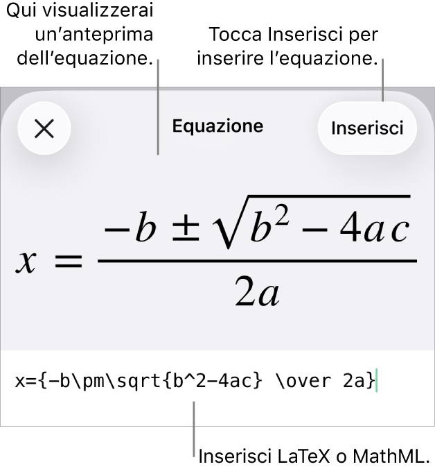 La finestra di dialogo Equazione che mostra l’equazione scritta tramite comandi MathML e un’anteprima della formula di cui sopra.