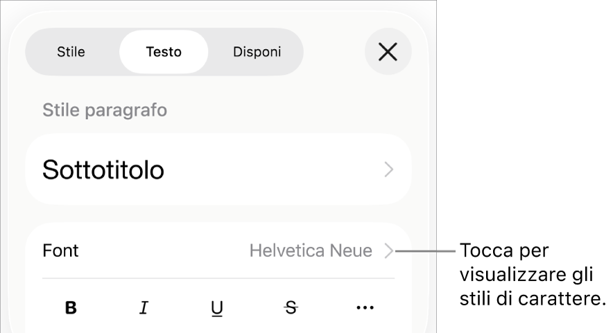 I controlli Formato con gli stili di paragrafo nella parte superiore, quindi i controlli Font. Sotto Font sono presenti i pulsanti Grassetto, Corsivo, Sottolineato, Barrato e “Altre opzioni di testo”.
