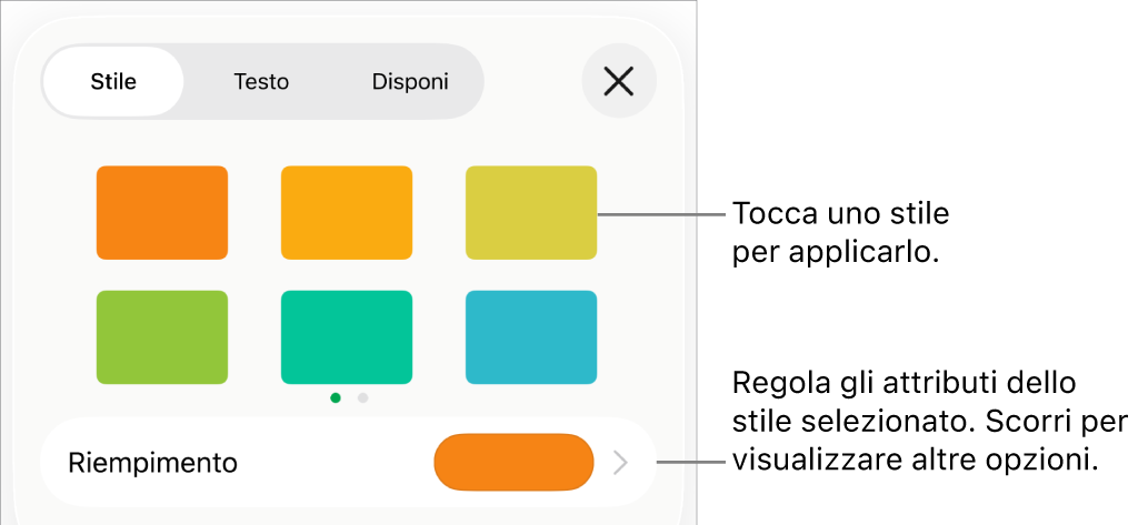 Pannello Stile del menu Formato con gli stili dell’oggetto in alto e un controllo sottostante per cambiare il riempimento.