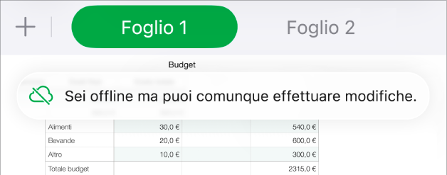 I pulsanti nella parte superiore dello schermo con il pulsante Collaborazione che si trasforma in una nuvola attraversata da una linea in trasversale. Un avviso sullo schermo dice “Non sei in linea ma puoi comunque effettuare modifiche.”