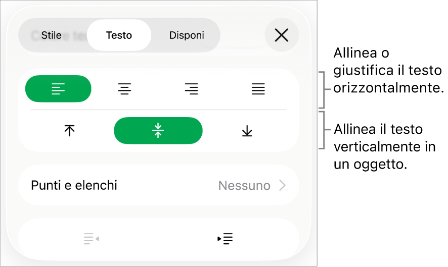 Sezione Layout dell’inspector Formattazione con didascalie per i pulsanti di allineamento e spaziatura del testo.