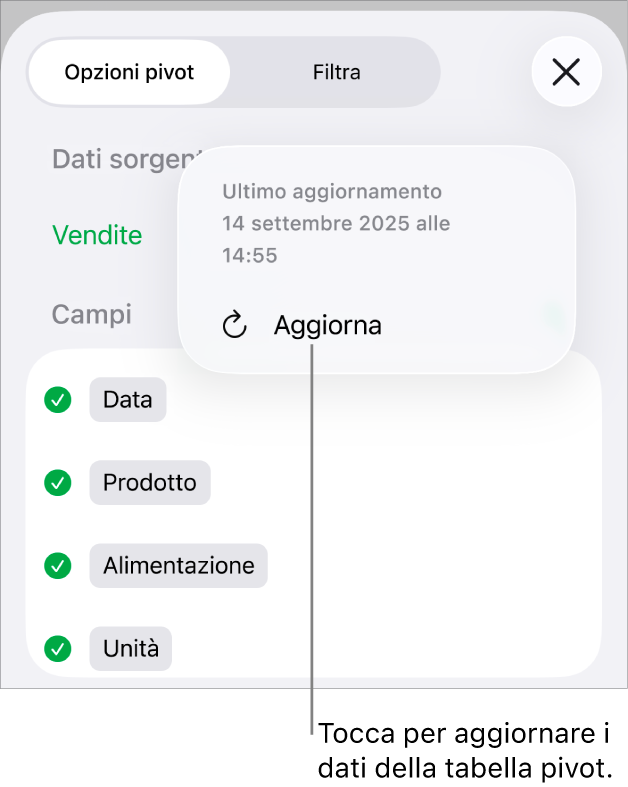 Il menu “Opzioni pivot” che mostra l’opzione per aggiornare la tabella pivot.