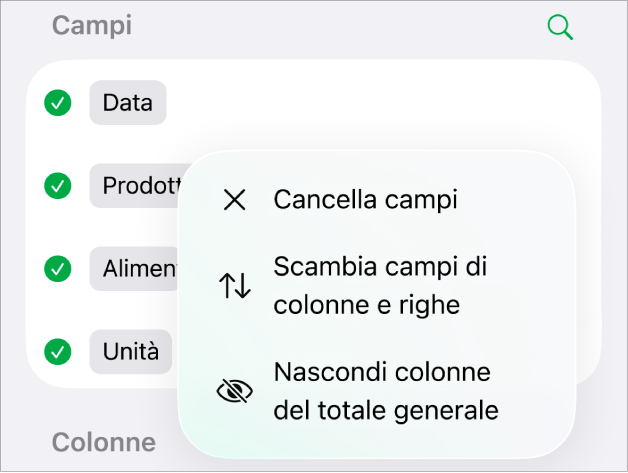 Il menu “Altre opzioni campo” che mostra i controlli per nascondere i totali generali, scambiare i campi di colonne e righe, e cancellare i campi.