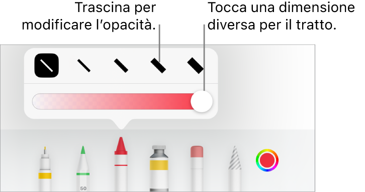 Controlli per scegliere una dimensione tratto e cursore per regolare l’opacità.