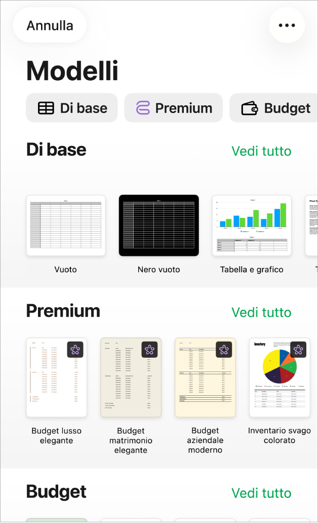 “Scelta modelli”, in cui è visibile una riga di categorie nella parte superiore dello schermo che puoi toccare per filtrare le opzioni. Sotto si trovano miniature dei modelli con design predefinito, ordinati in righe per categoria.