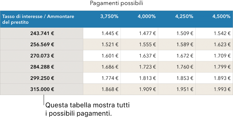 Tabella di un mutuo prima dell’applicazione del filtro per i tassi di interesse accessibili.