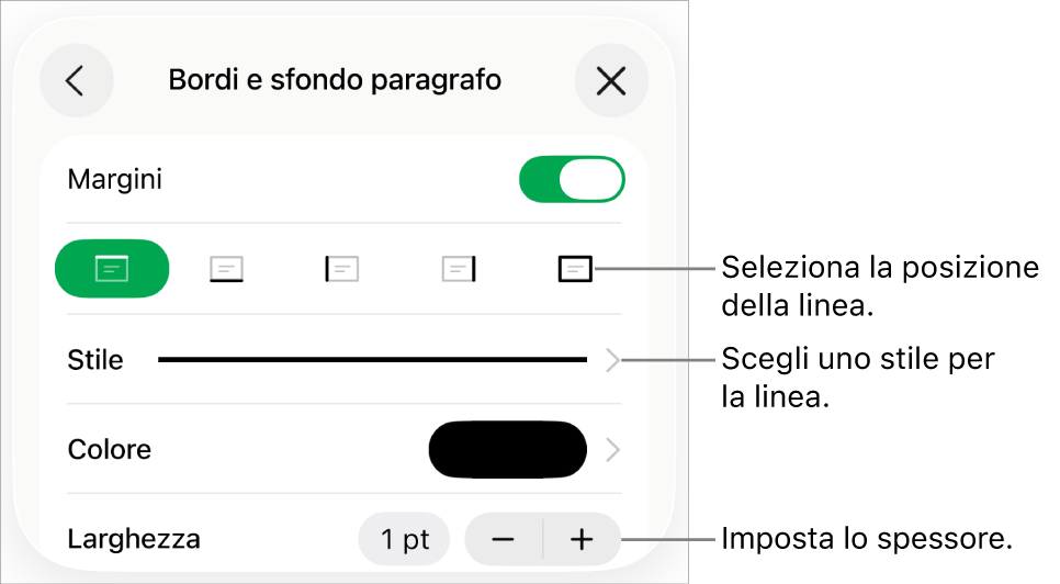 Controlli per modificare lo stile, lo spessore, la posizione e il colore della linea.