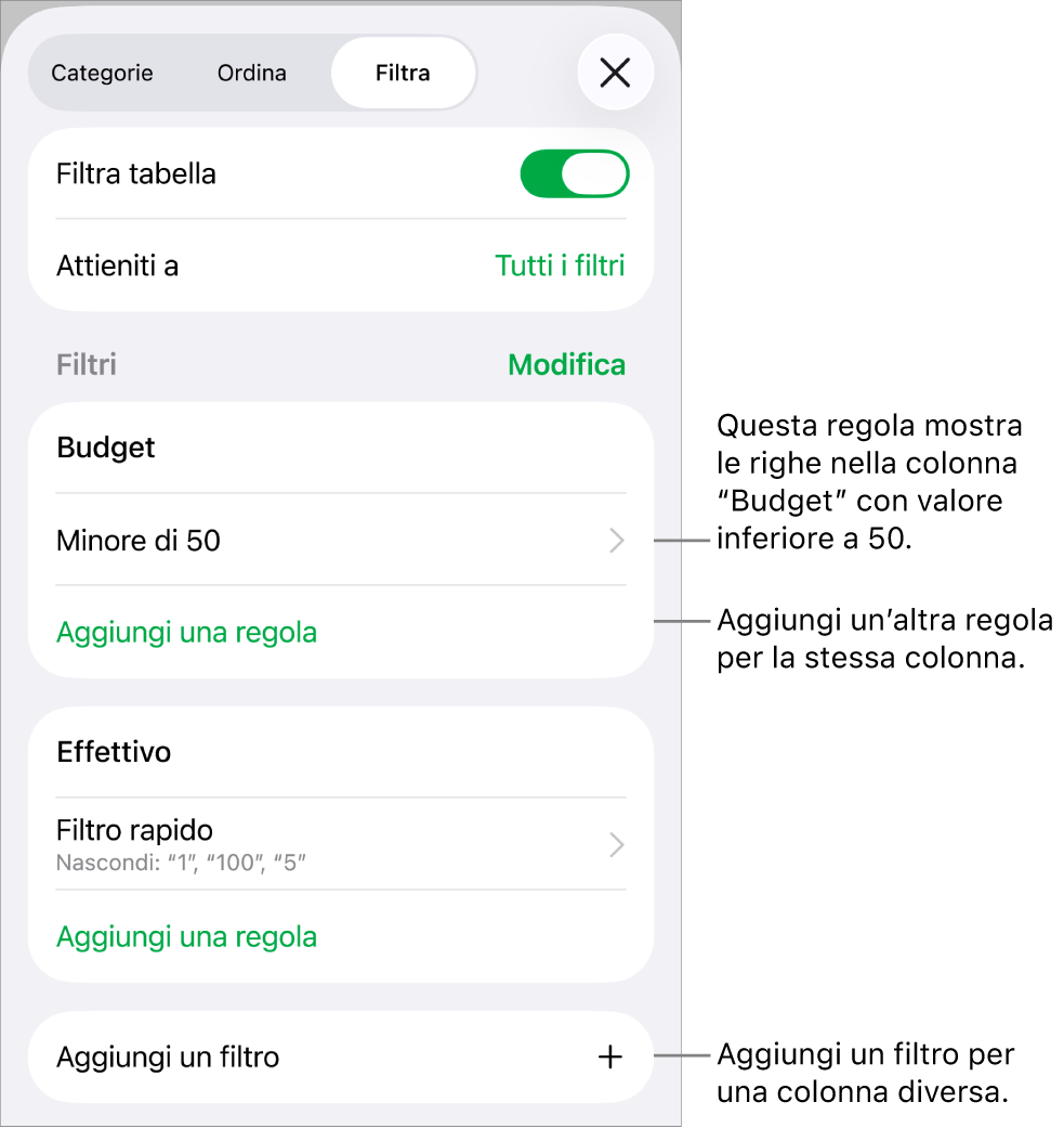 Controlli per l’aggiunta di nuove regole di filtro o per modificare quelle esistenti.