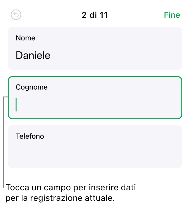 Una registrazione in un modulo che mostra un campo attivo con un punto di inserimento.