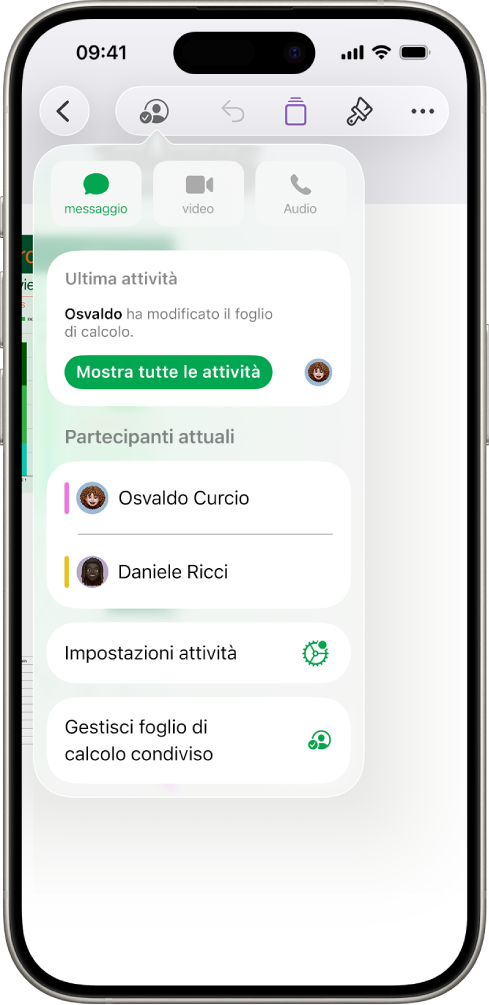 Il menu Collaborazione con i nomi delle persone che stanno collaborando al foglio di calcolo.
