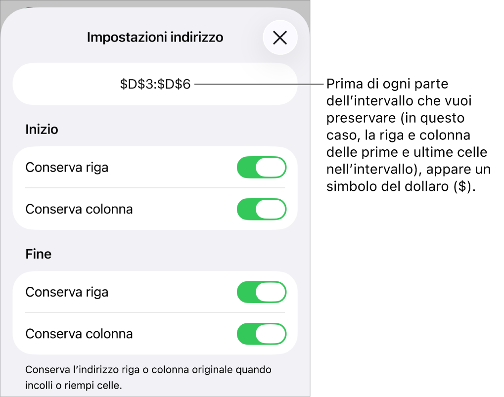 Controlli per specificare quali riferimenti di riga e colonna di una cella mantenere se la cella viene spostata o copiata. Il simbolo del dollaro compare davanti a ciascuna parte del riferimento di intervallo che desideri conservare.