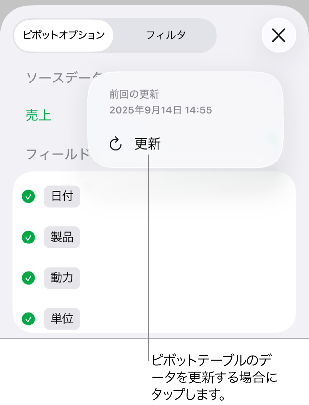「ピボットオプション」メニュー。ピボットテーブルを更新するためのオプションが表示されています。
