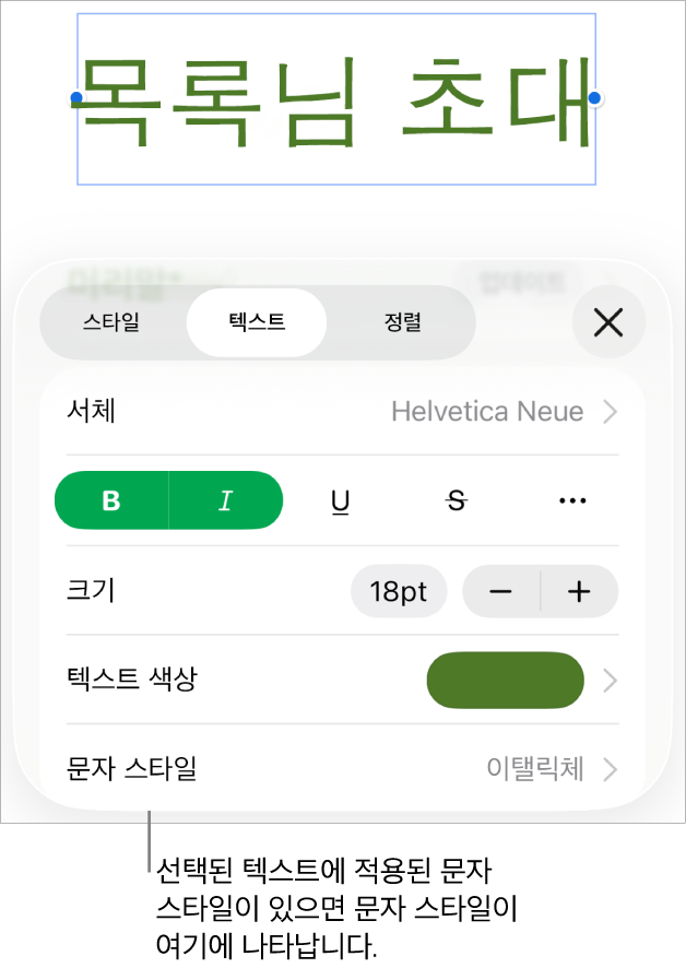 색상 제어기 아래 문자 스타일이 있는 텍스트 포맷 제어기. 문자 스타일 없음이 별표와 함께 표시됨.