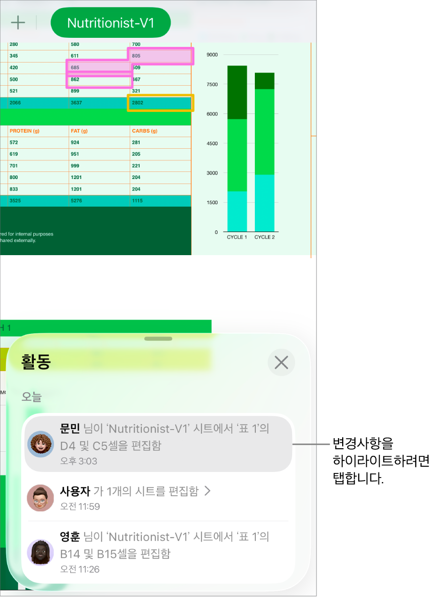 공동 작업 메뉴 및 활동 목록이 모두 열려 있는 공동 작업 스프레드시트.