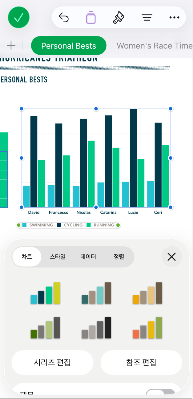 걷기를 완료한 길의 백분율을 표시하는 원형 차트. 시리즈나 차트 참조를 편집하고 차트 제목을 켜거나 끌 수 있는 옵션뿐만 아니라 다양한 차트 스타일을 선택할 수 있는 포맷 메뉴도 열려 있습니다.