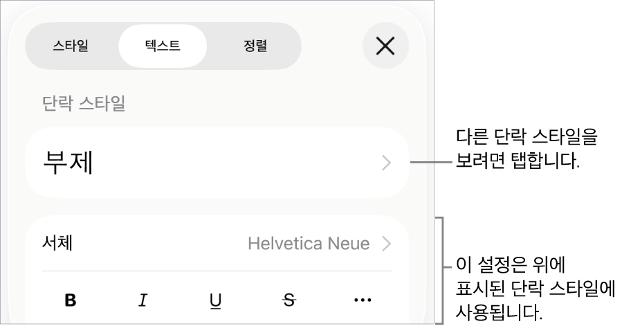 단락 및 문자 스타일, 서체, 크기 및 색상을 설정할 수 있는 텍스트 제어기를 표시하는 포맷 메뉴.