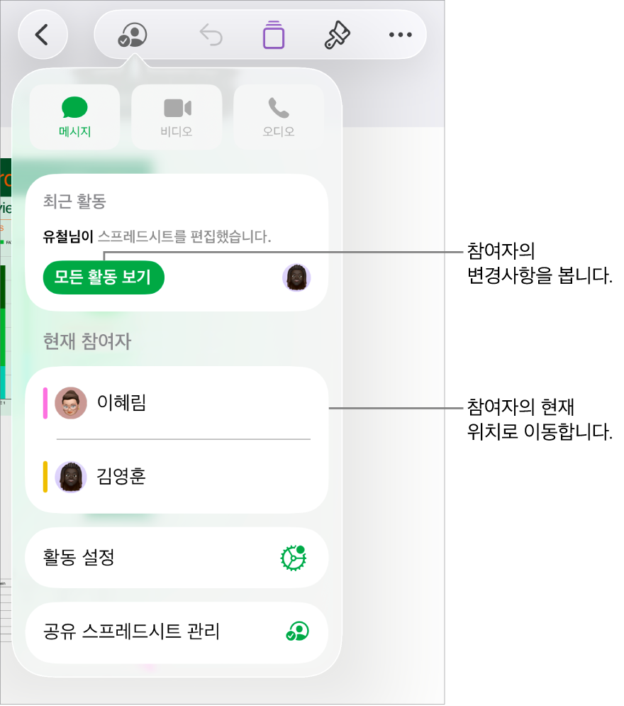 현재 참여자가 나열된 공동 작업 메뉴.