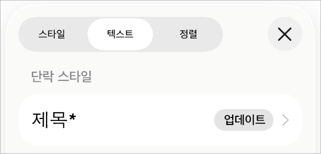 옆에 별표가 있고 오른쪽에 업데이트 버튼이 있는 단락 스타일.
