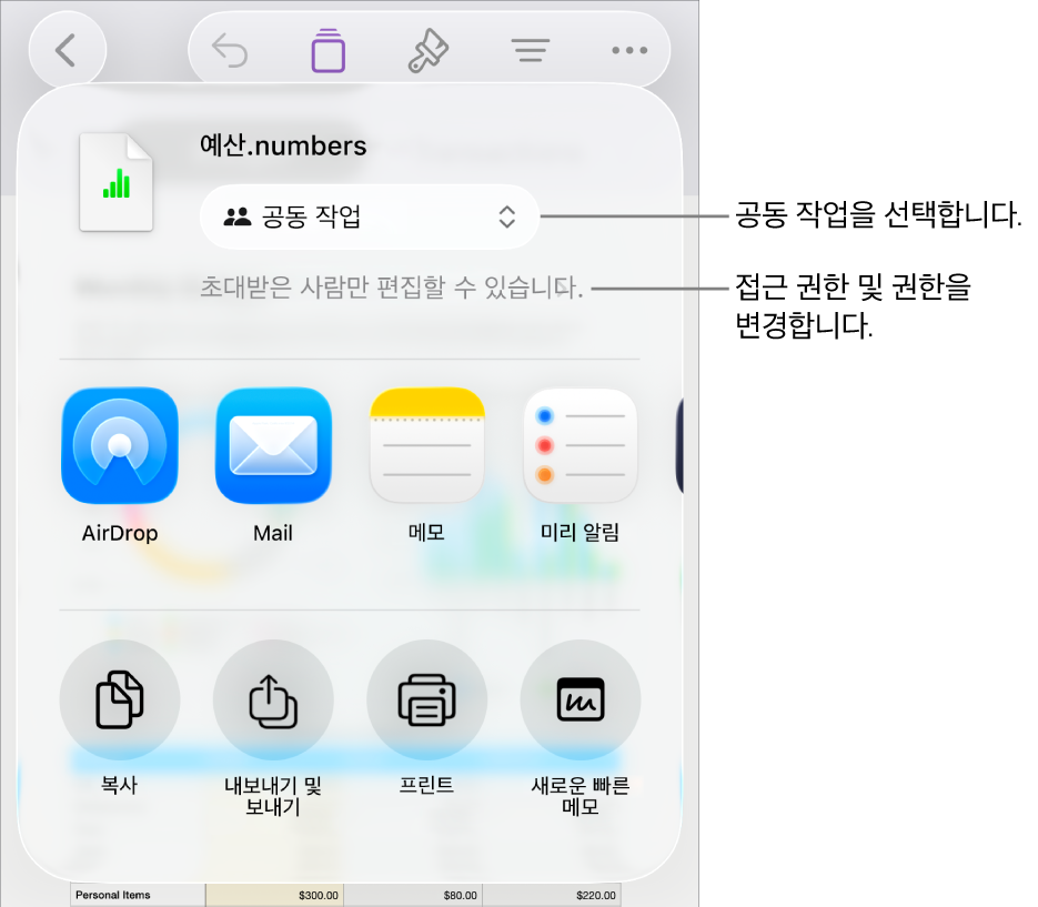 상단에 공동 작업이 선택되어 있는 공유 메뉴가 있고, 그 아래에는 접근 및 권한 설정이 있음.