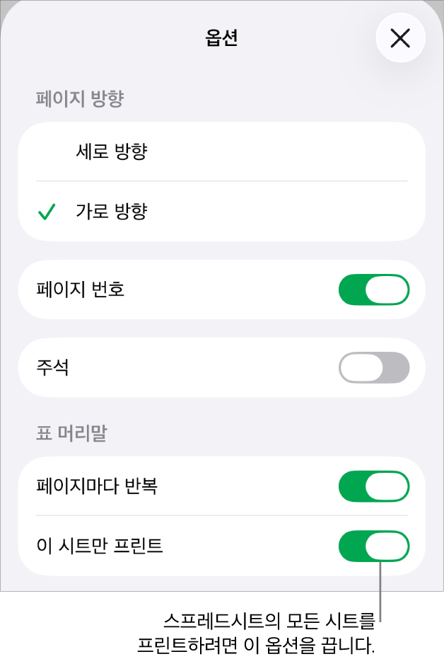 페이지 방향 선택, 페이지 번호 및 머리말 표시, 용지 크기 및 프린트할 페이지 선택에 대한 프린트 옵션.