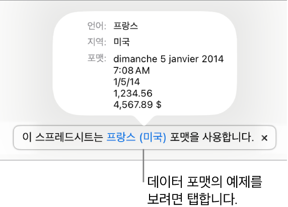 해당 언어 및 지역 포맷의 예제가 표시된 다른 언어 및 지역 설정 알림입니다.