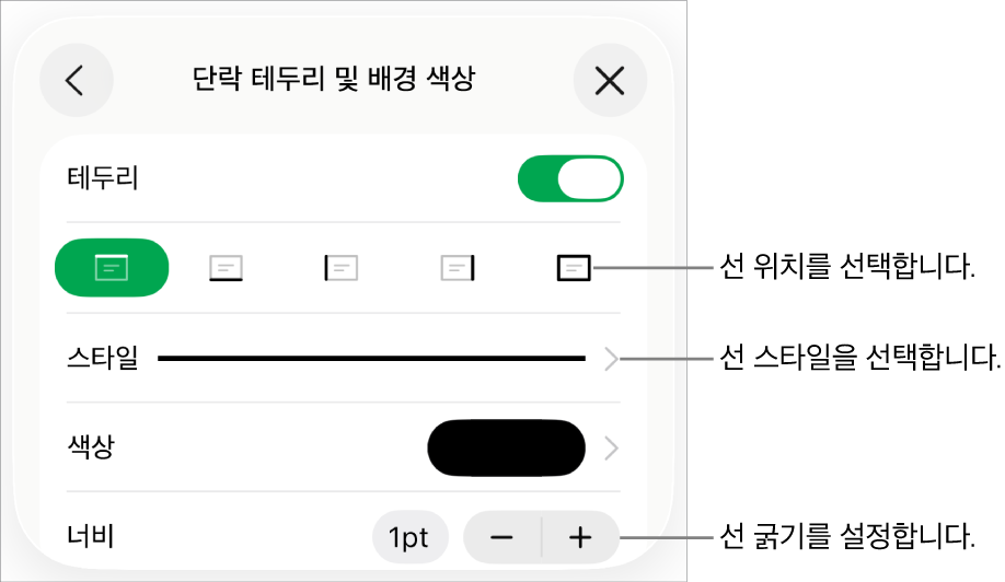 선 스타일, 굵기, 위치 및 색상을 변경하는 제어기.